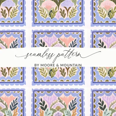 Hand Painted Seamless Floral Tile Digital, Whimsical Scalloped Frame Folk Art Repeat, Pastel Cottagecore Botanical Surface Design, Vintage