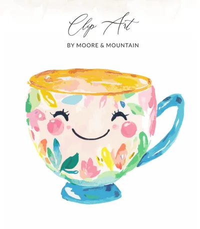 Happy Floral Teacup SVG Preppy Clip Art | Whimsical Watercolor Mug Design Digital File for Crafting & Stickers | Cute Kawaii Tea Lover