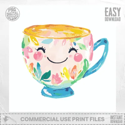 Watercolor mug with a smiling face and colorful floral design.