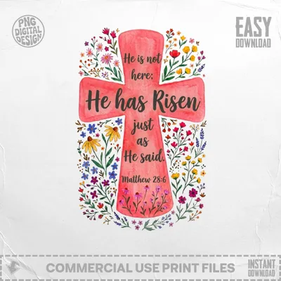 Cross with "He has Risen" text, surrounded by floral illustrations.