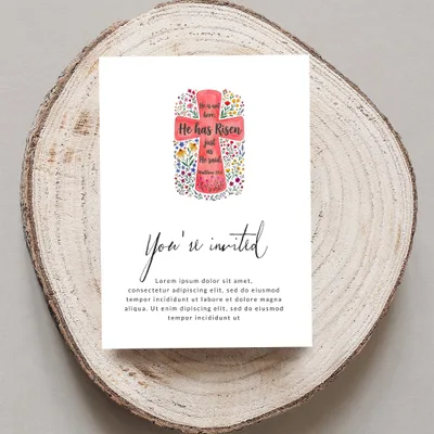 Easter invitation with floral cross, scripture, and placeholder text.