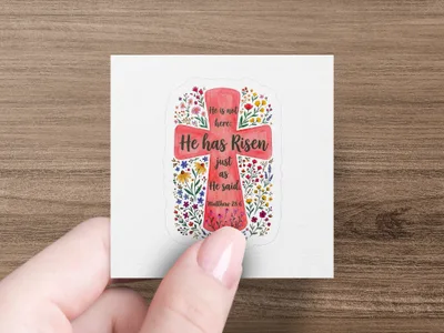 Cross decal with text "He has Risen, just as He said. Matthew 28:6".