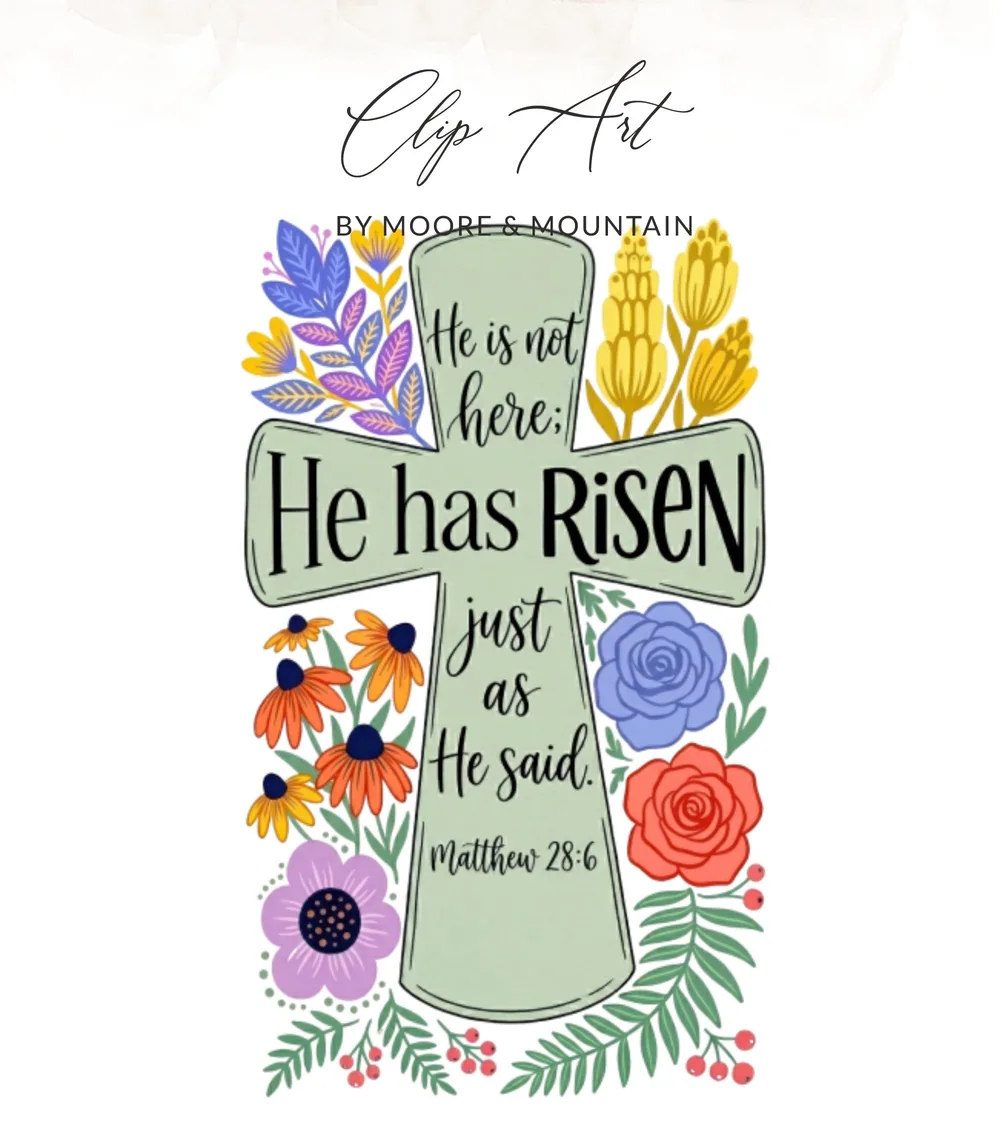 Cross with flowers and text "He is not here; He has Risen just as He said. Matthew 28:6".
