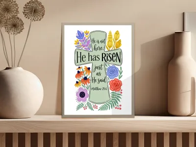 Floral cross art with "He has Risen" and scripture.
