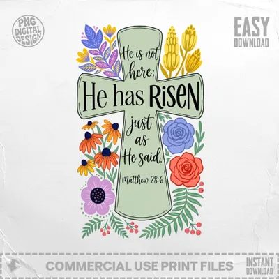 Cross with floral accents and "He is not here: He has risen" text.