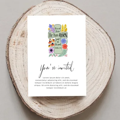 Easter invitation with floral cross, "He has Risen" text, and placeholder copy.