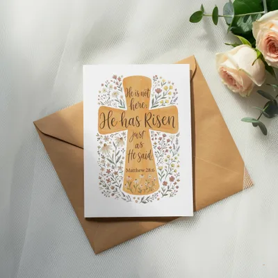 Card with floral cross, "He has Risen" text, and scripture Matthew 28:6.