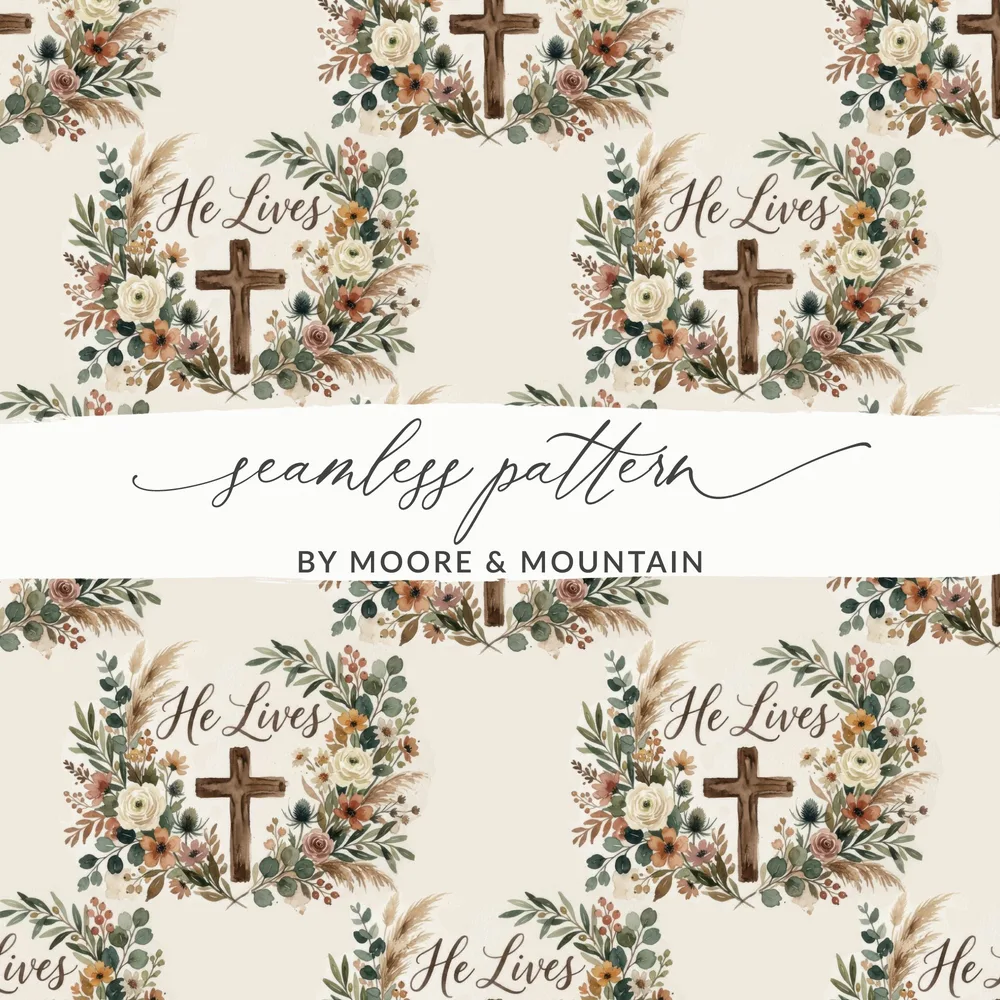 He Lives cross floral seamless pattern BY MOORE & MOUNTAIN product type
Christian
Easter
Religious
Cross
Floral
Wreath
He Lives
Seamless Pattern
Digital Design
Watercolor
Faith
Inspirational
Scripture
Boho
Botanical
Spring Design
Moore Mountain
Easter Floral
Pale Aesthetic
Unique Pattern