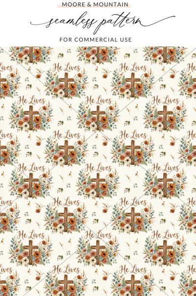 He Lives Cross Floral Christian Repeating Design product type
Christian, Easter, Faith, Religious, Cross, Floral, Flowers, Botanical, Leaves, Wheat, Seamless pattern, Repeating pattern, Digital paper, Watercolor, Orange floral, Brown cross, He Lives design, Spiritual, Spring pattern, Scripture art