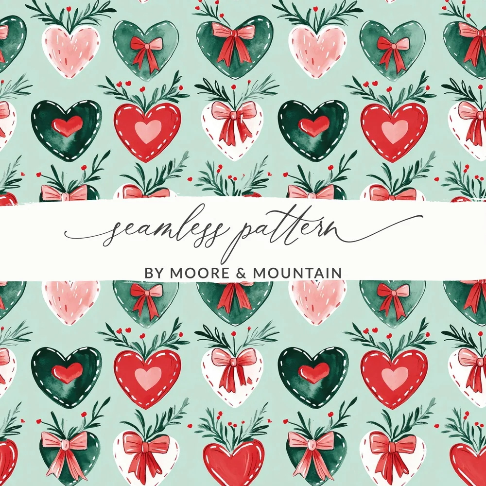 Heart Bow Seamless Pattern, Watercolor Hearts Digital Paper, Romantic Repeat Pattern, Valentine Fabric Design, Commercial Use Pattern - Moore and Mountain