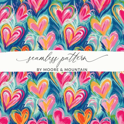 Heart Digital Paper, Brushstroke Hearts Pattern, Colorful Heart Seamless Pattern, Digital Background, Digital Product