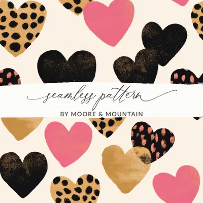 Heart Digital Paper, Leopard Print Heart Pattern, Pink Black Gold Hearts Seamless Pattern, Valentine's Day Pattern, Fabric Digital Files