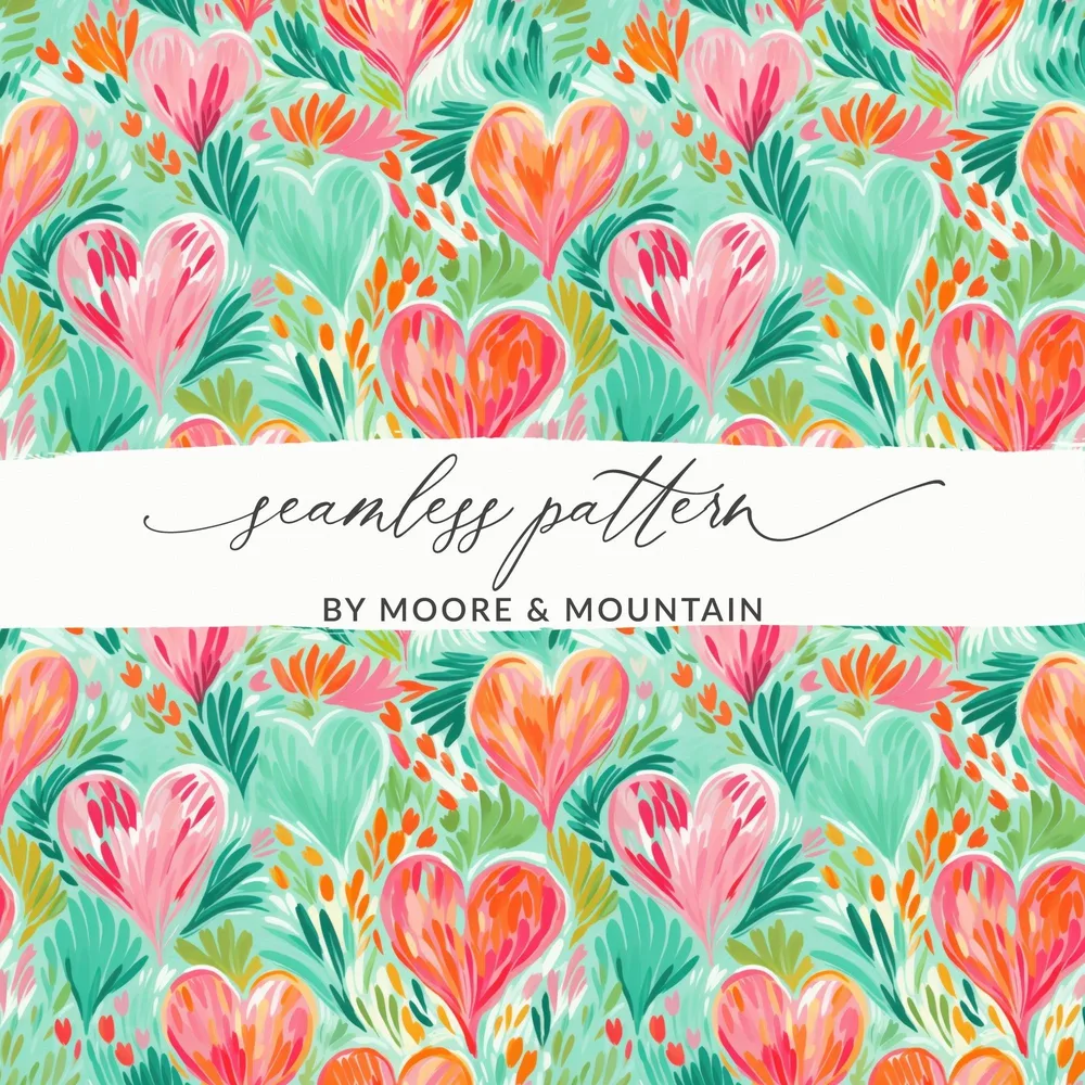 Heart Pattern Digital Paper, Colorful Floral Seamless Pattern, Abstract Heart Digital Product, Painterly Style, Valentine's Day Pattern - Moore and Mountain