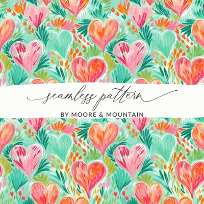 Heart Pattern Digital Paper, Colorful Floral Seamless Pattern, Abstract Heart Digital Product, Painterly Style, Valentine's Day Pattern