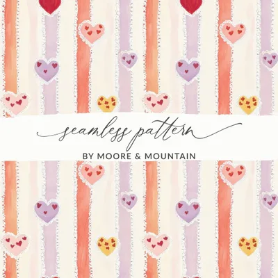 Heart Stripe Seamless Pattern Digital Paper, Valentine's Day Background, Cute Heart Digital Download, Hearts Surface Pattern Design