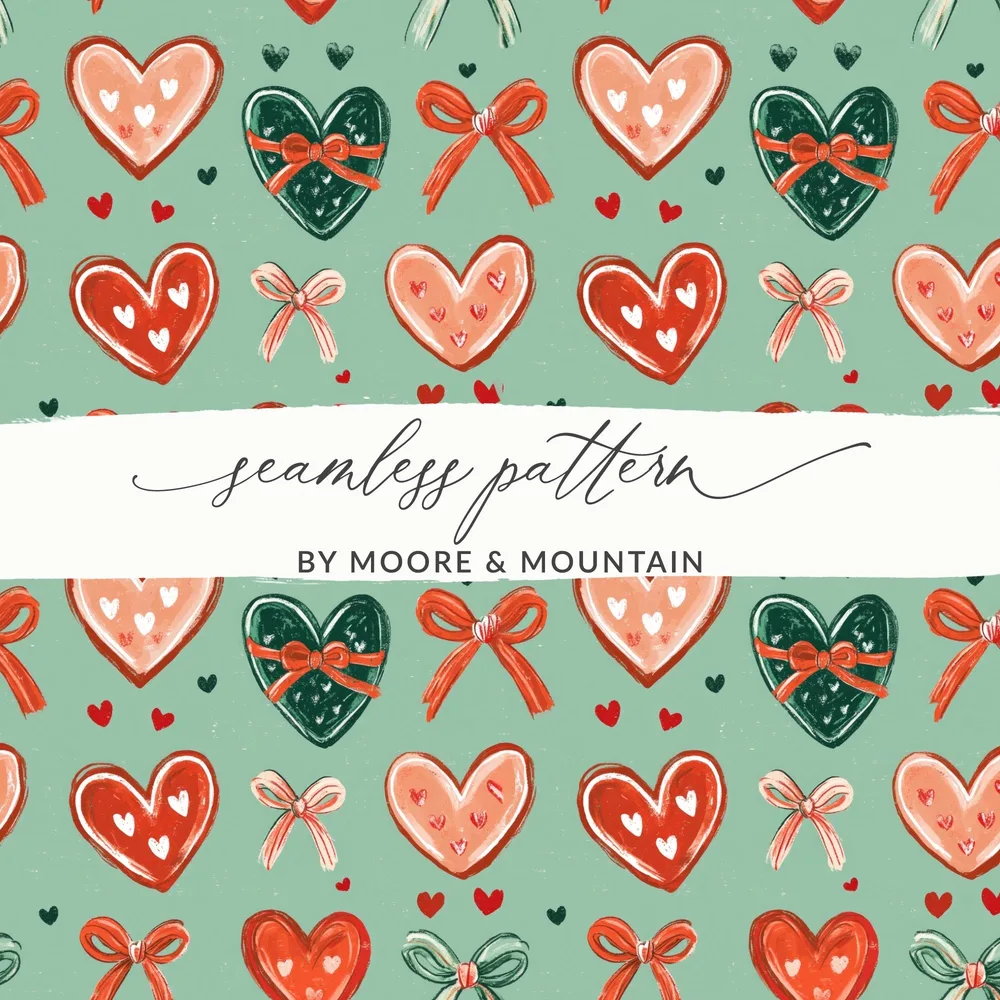Hearts and Bows Digital Seamless Pattern, Valentine's Day Fabric Design, Cute Repeat Pattern for Commercial Use, Digital Paper Pack - Moore and Mountain