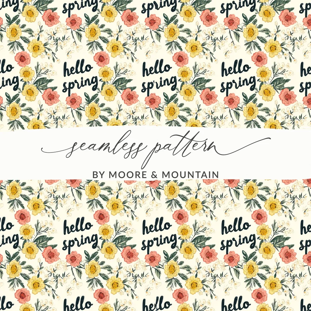 Hello Spring Floral Pattern Digital Paper, Seamless Flower Pattern, Springtime Design, Fabric Design, Digital Download - Moore and Mountain