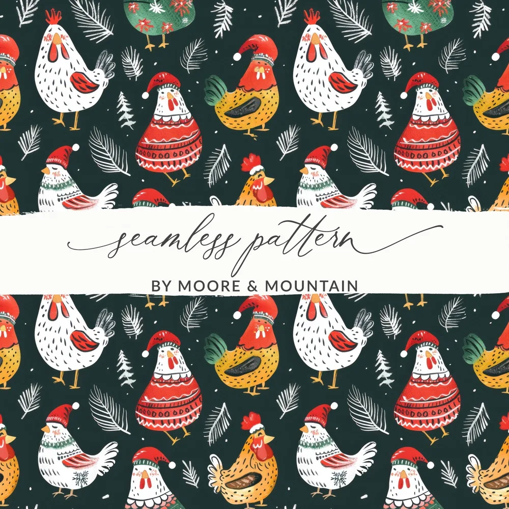 Holiday Roosters Festive Pattern With Santa Hats Digital - Moore and Mountain