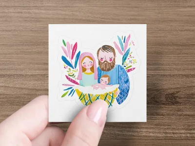 Nativity scene illustration with Mary, Joseph, and baby Jesus in a manger.