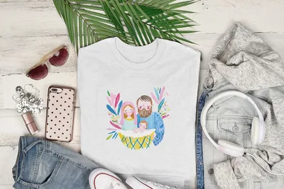 White crewneck t-shirt with watercolor illustration of a family in a cradle.