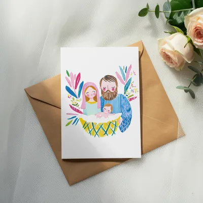 Watercolor nativity scene card with Joseph, Mary, and baby Jesus in a manger.
