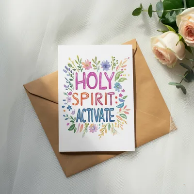 Card with "HOLY SPIRIT: ACTIVATE" text surrounded by colorful flowers on an envelope.