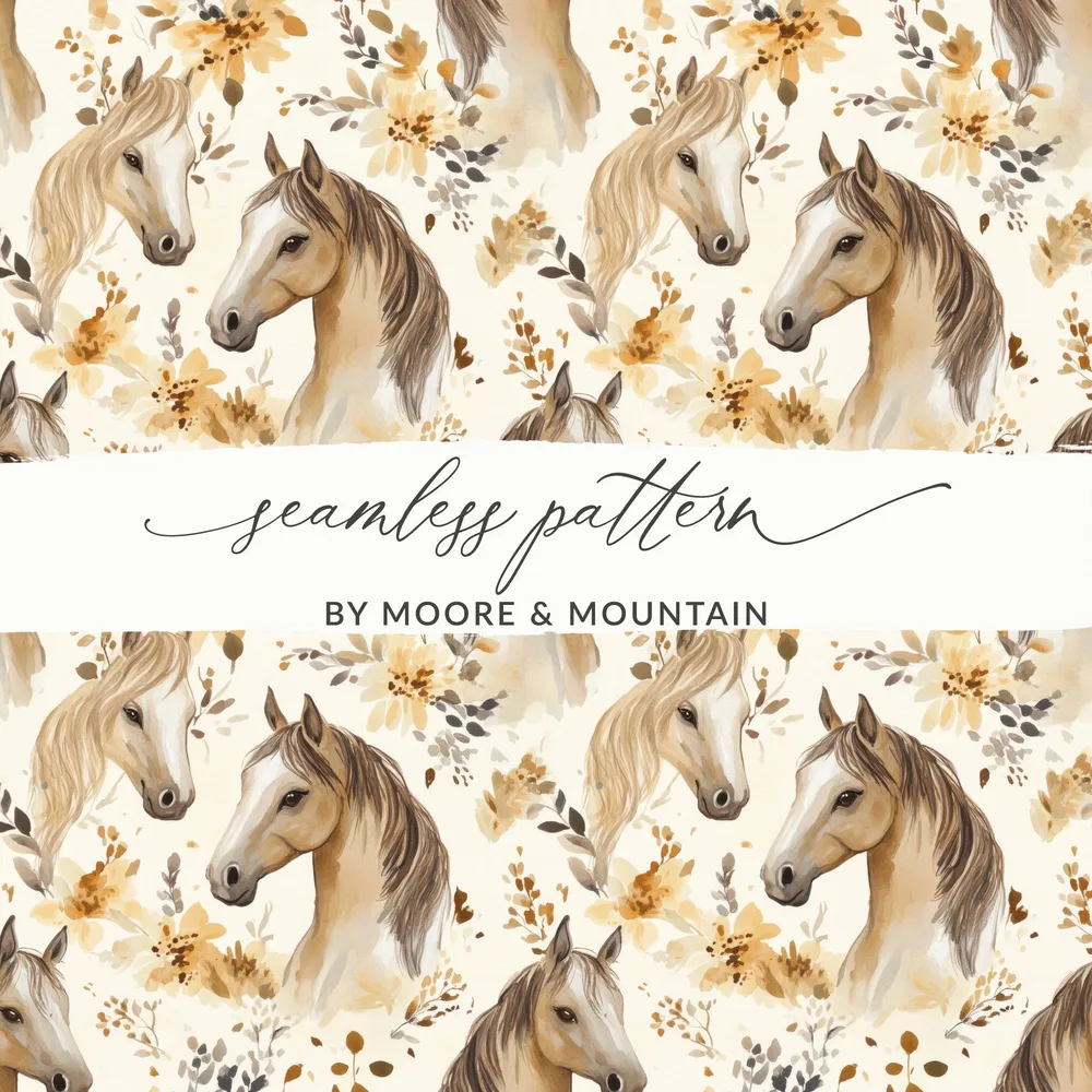 Horse and Floral Watercolor Pattern with Earthy Tones Digital