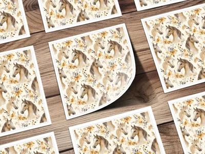 Horse and Floral Watercolor Pattern with Earthy Tones Digital