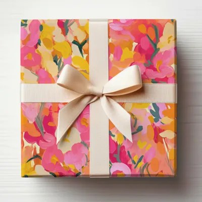 Vibrant Floral Gift Box with Elegant Cream Ribbon