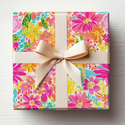 Bright Floral Patterned Gift Wrap with Bow
