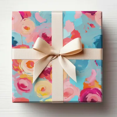 Bright Floral Gift Box with Cream Ribbon wrapping