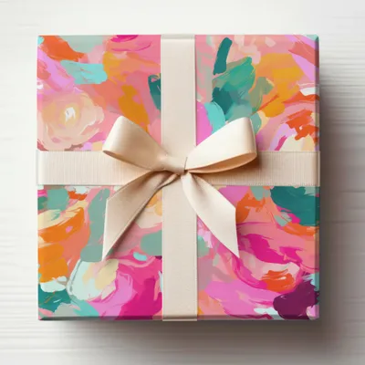 Vibrant Abstract Floral Gift Wrap with Beige Ribbon