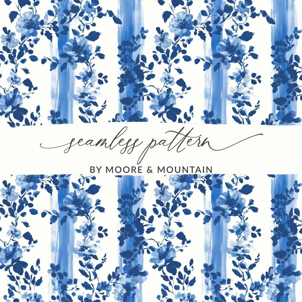 Indigo Floral Stripe Digital Paper, Watercolor Flower Pattern, Seamless Fabric Design, 12x12 JPEG, Digital Download - Moore and Mountain