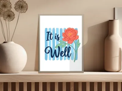 Coral peony artwork with "It is Well" text on blue stripes.