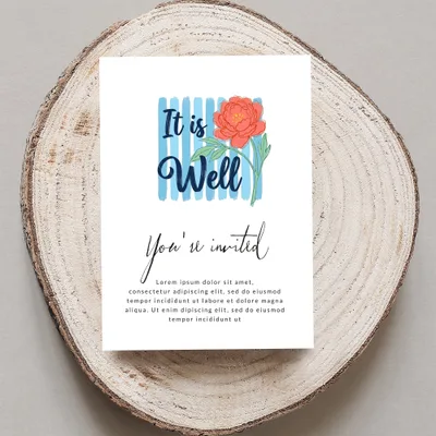 Card with "It is Well" and "You're invited" text, featuring a floral illustration.