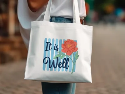 White tote bag with striped background and pink peony floral illustration.