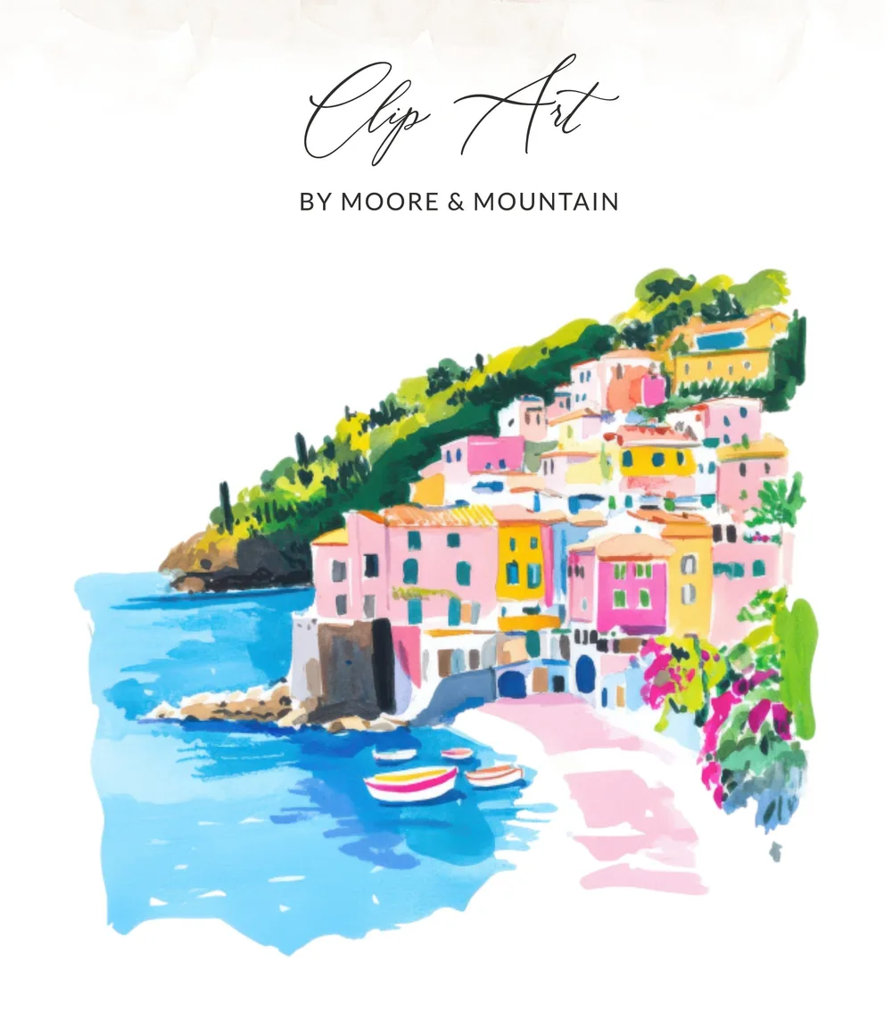 Watercolor painting of a colorful Italian coastal village with boats.
