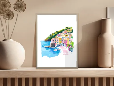 Watercolor painting of colorful houses on a cliff overlooking the sea.