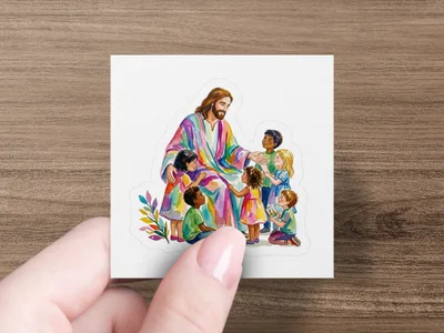 Jesus in colorful robe embracing children surrounded by floral accents.