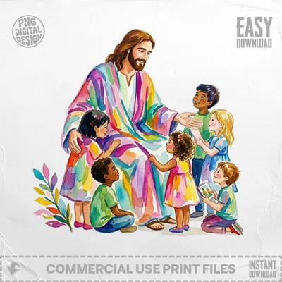Jesus in colorful robes teaching a diverse group of children.