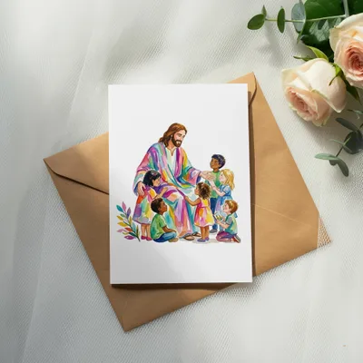 Jesus in a rainbow robe interacting with a diverse group of children.