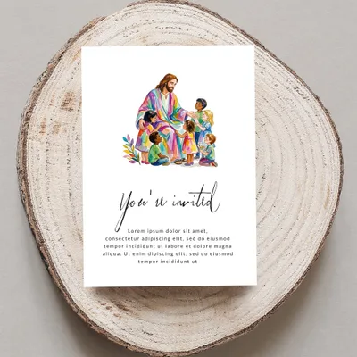 Invitation with Jesus and children, "You're invited" text.