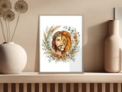 Jesus with a lion's mane and floral wreath on a framed print.