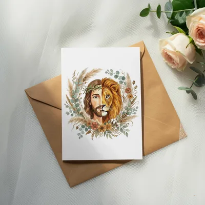 Card with Jesus and a lion illustration, surrounded by floral and botanical elements.