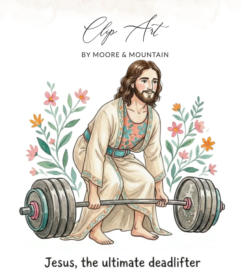 Jesus deadlifting with floral accents and text "Jesus, the ultimate deadlifter".