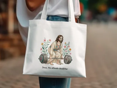 Jesus deadlifting a barbell with flowers, text "Jesus, the ultimate deadlifter".