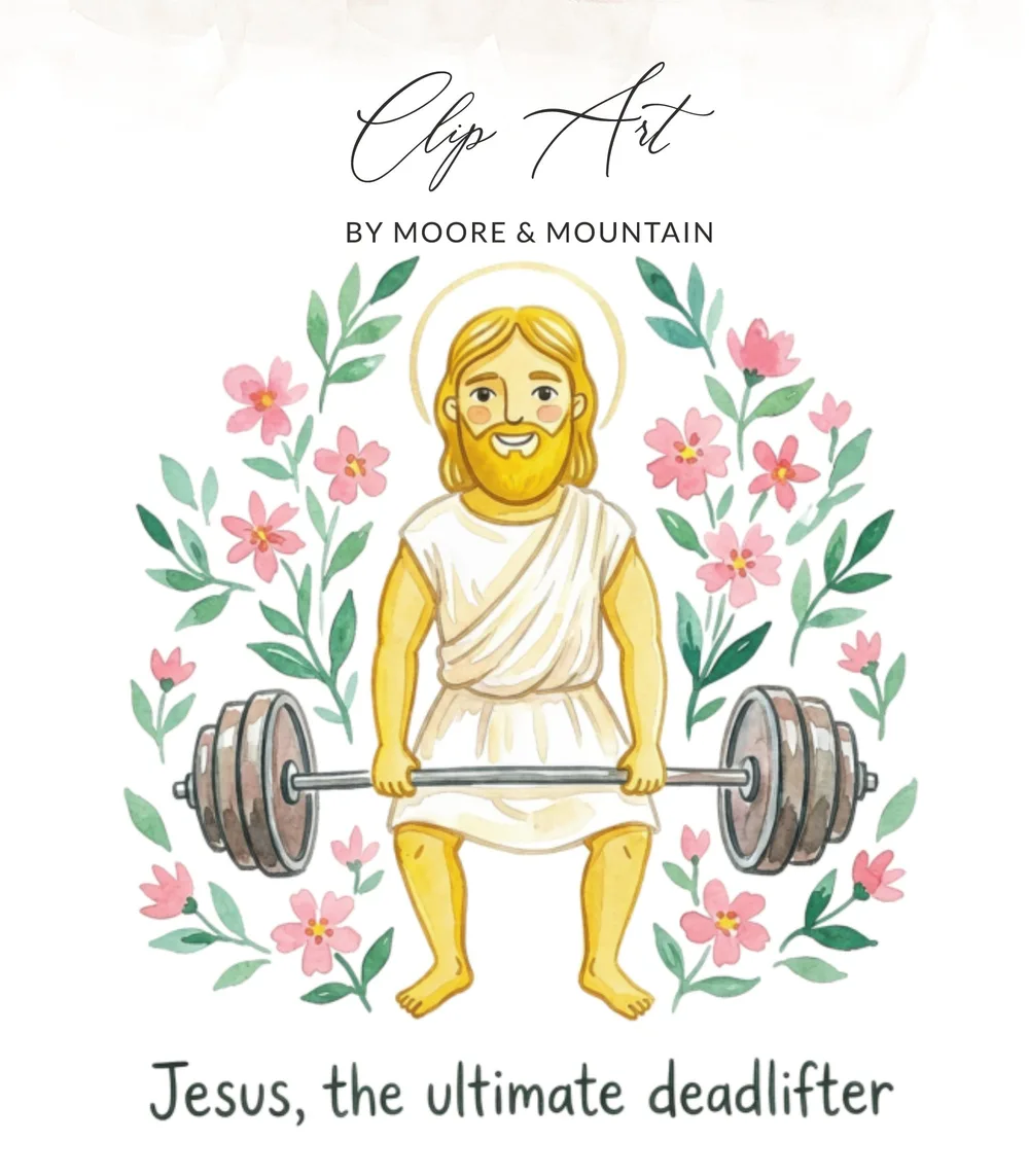 Jesus, the ultimate deadlifter, lifts a barbell surrounded by flowers.