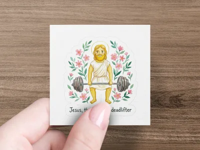 Jesus the deadlifter lifting a barbell surrounded by flowers.