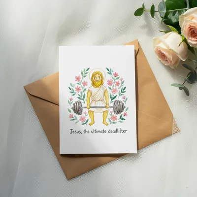 Jesus, the ultimate deadlifter, lifting a barbell surrounded by flowers.