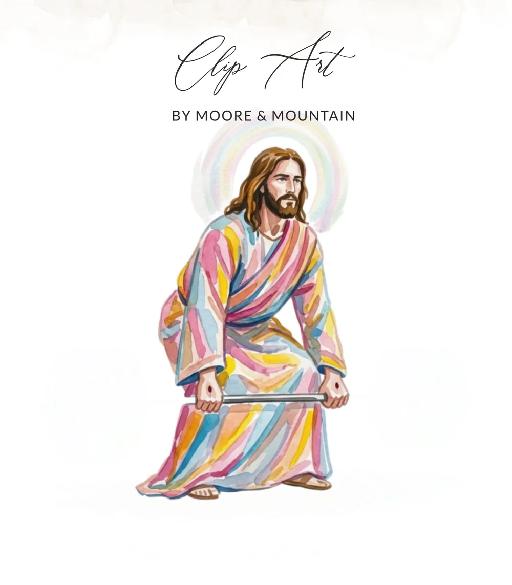 Jesus lifting a barbell in a colorful robe.